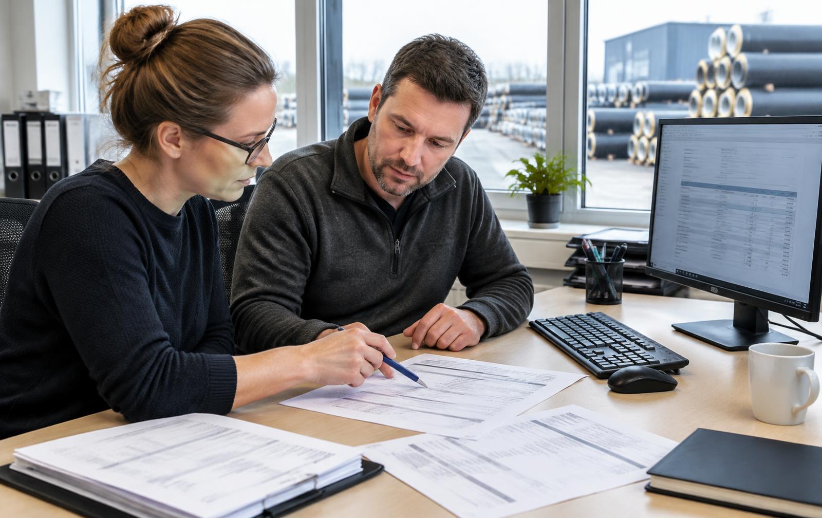 KI-generiertes Symbolbild: Zwei Personen im Einkauf gleichen Auftragsunterlagen am Bildschirm und auf Papier ab; keine Aufnahme von isoplus